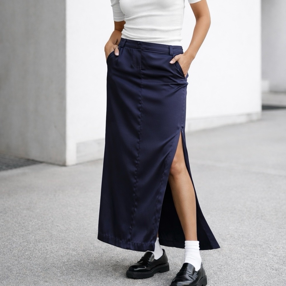 ANTHROPOLOGIE Purple Sateen Satin Trouser Maxi Skirt Women’s 8 Side Slits